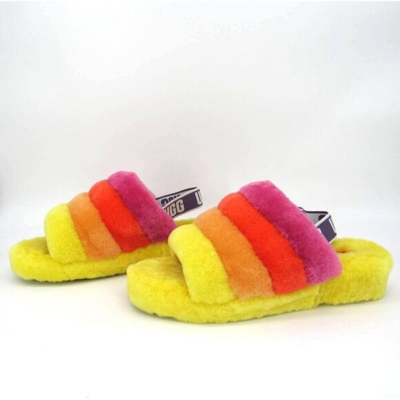 UGG WOMEN FLUFF YEAH SLIDE PRIDE RAINBOW YELLOW SANDAL Size 8.0 US - Picture 1 of 12